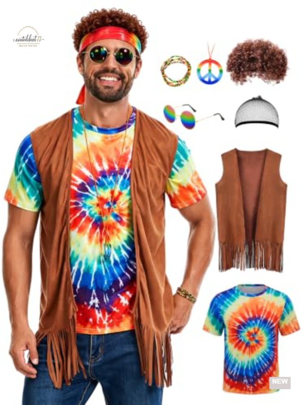 Mens 7-Piece Hippie Costume Set Tie Dye Shirt Fringe Vest Afro Wig 70s Halloween